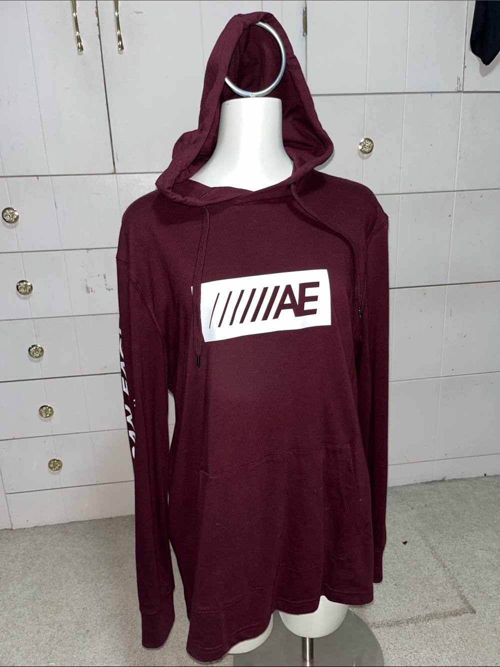 American Eagle Burgundy Hoodie with White Sleeve Logo